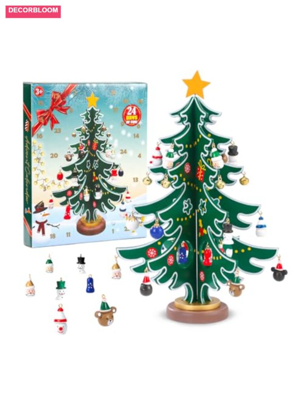 Wooden Tabletop Christmas Tree Advent Calendar 24 Day Countdown with Ornaments